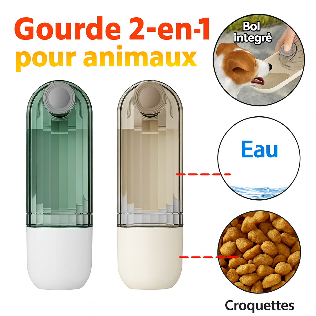 Gourde 2-en-1 Portable pour Animaux – Distributeur d’Eau & Nourriture